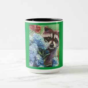 Racoon and Blue Hydrangeas MUG