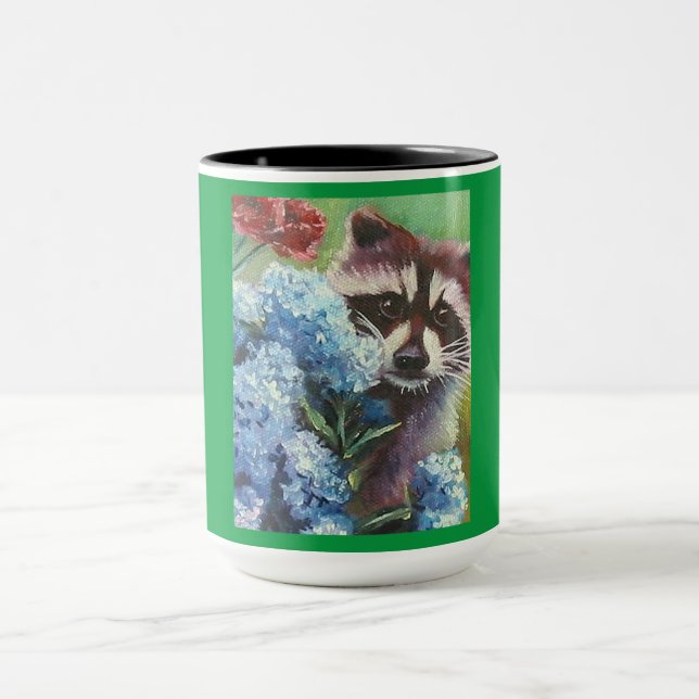 Racoon and Blue Hydrangeas MUG (Center)