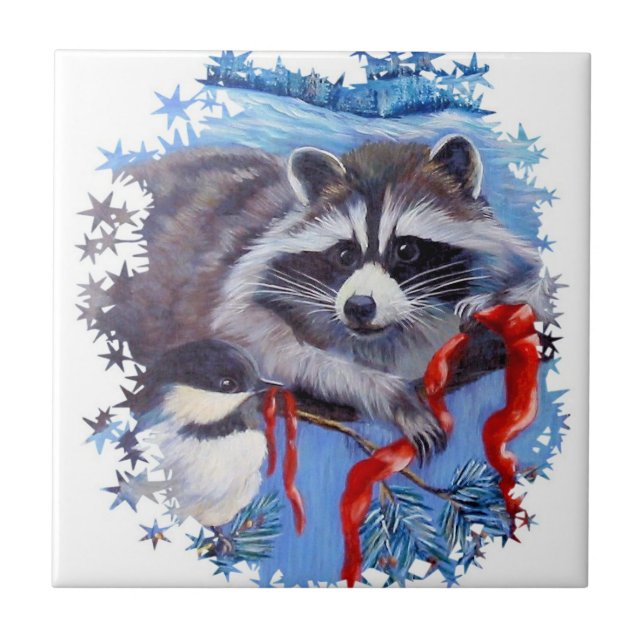 Racoon and Chickadee Winter ceramic tile (Front)