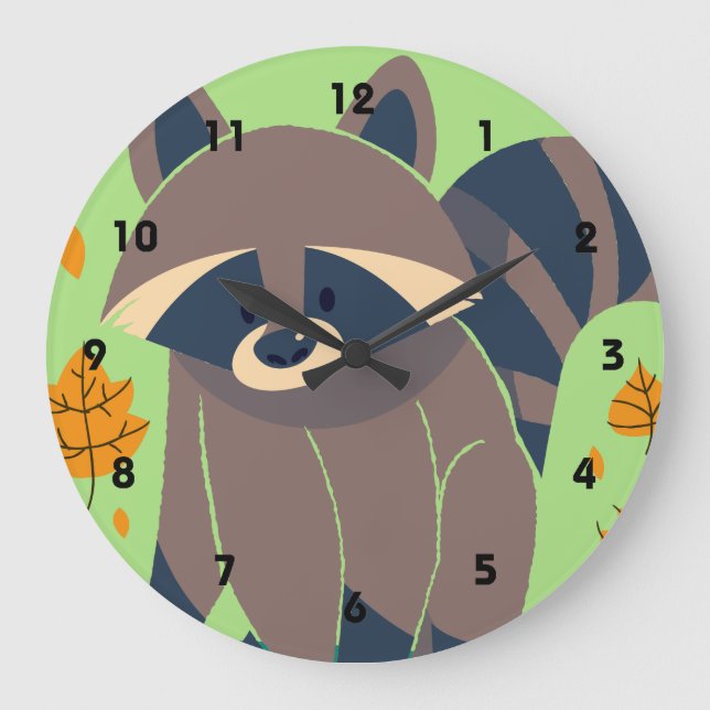 Racoon and Fall Leaves Large Clock (Front)