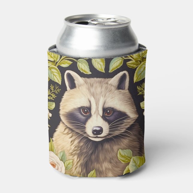 Racoon and green leaves inspired William Morris Can Cooler (Can Front)