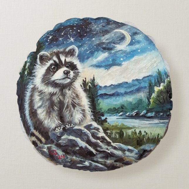 Racoon and Moon Round Throw Pillow (Front)