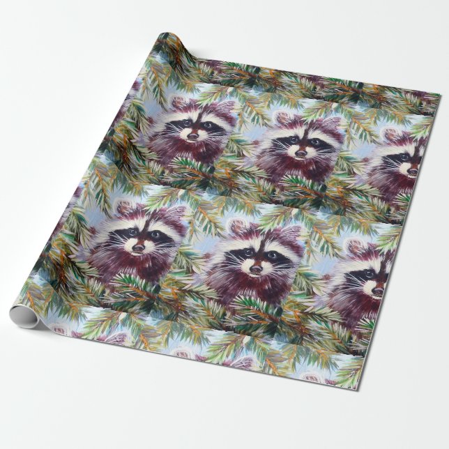 Racoon and Pine Tree Christmas Wrapping Paper (Unrolled)