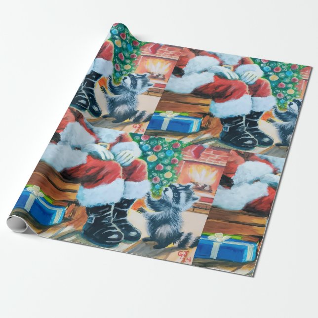 Racoon and Santa Christmas wrapping paper (Unrolled)