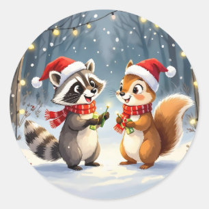 Racoon and Squirrel Hanging Christmas Lights  Classic Round Sticker