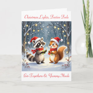 Racoon and Squirrel Hanging Christmas Lights  Holiday Card