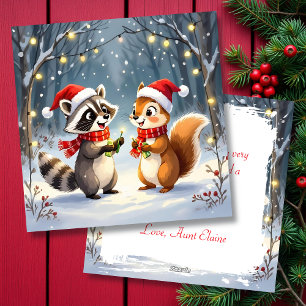 Racoon and Squirrel Hanging Christmas Lights  Holiday Card
