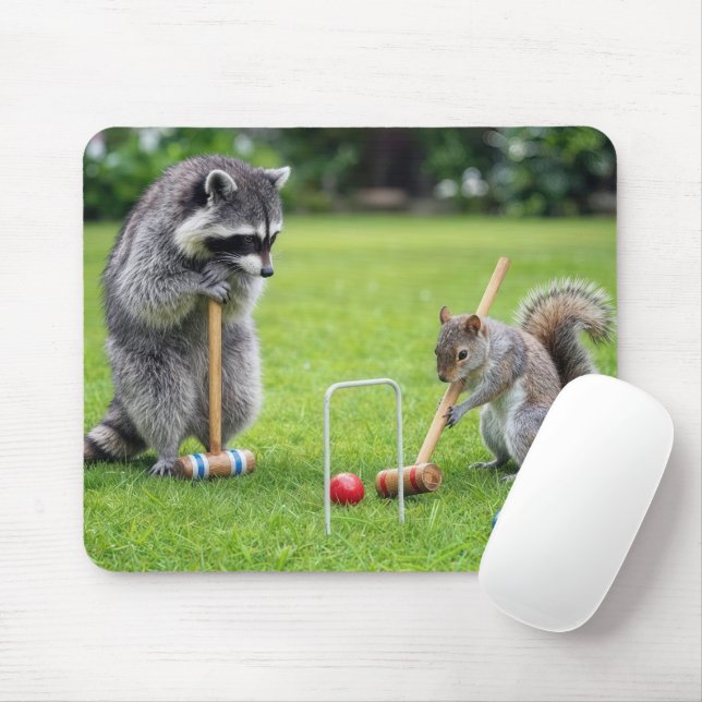 Racoon and Squirrel Playing Croquet Mouse Mat (With Mouse)