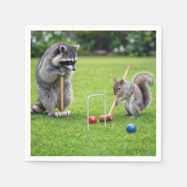 Racoon and Squirrel Playing Croquet Napkin (Front)