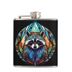 Racoon Animal Portrait Stained Glass Wildlife Art Hip Flask