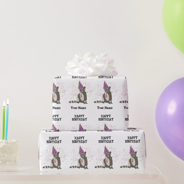 Racoon - Animals Having a Party Boys Girls Name  Wrapping Paper (Party Gifts)