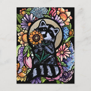 Racoon Art Flower Raccoons Design with Sunflower  Postcard