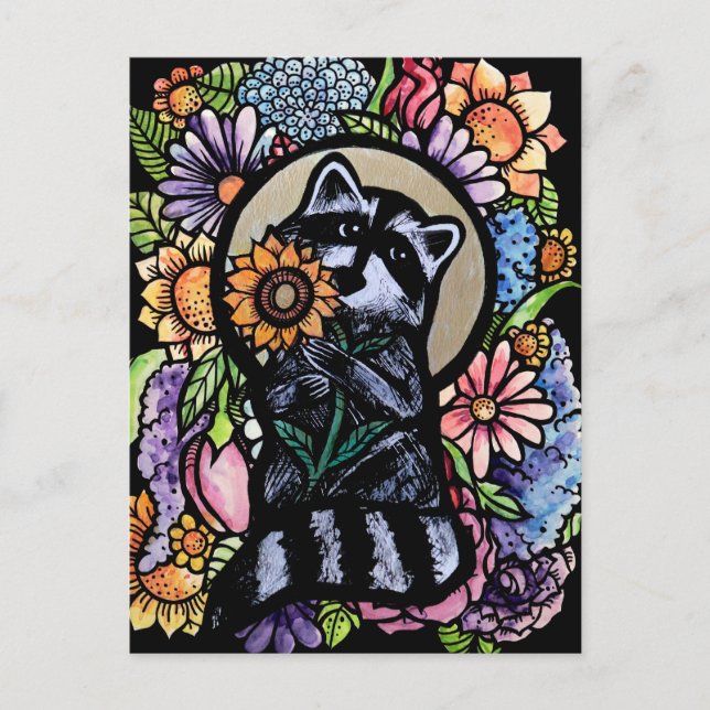 Racoon Art Flower Raccoons Design with Sunflower  Postcard (Front)