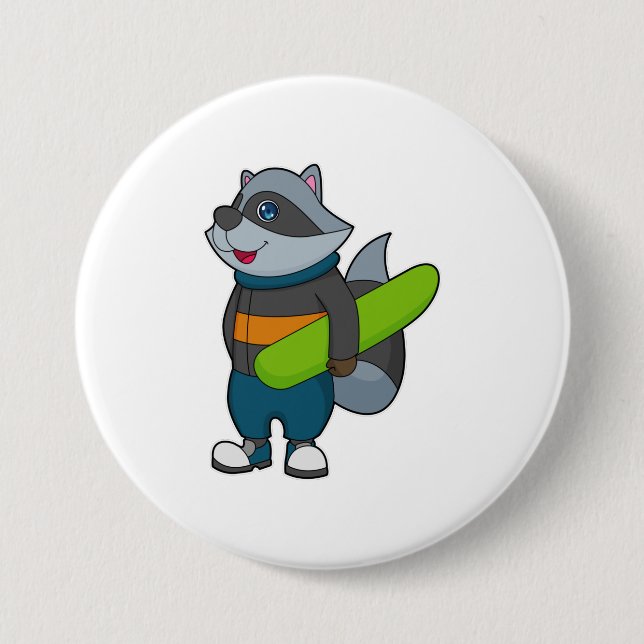 Racoon as Snowboarder with Snowboard 7.5 Cm Round Badge (Front)