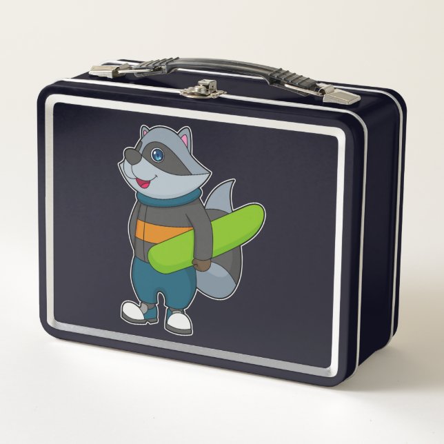 Racoon as Snowboarder with Snowboard Metal Lunch Box (Front)