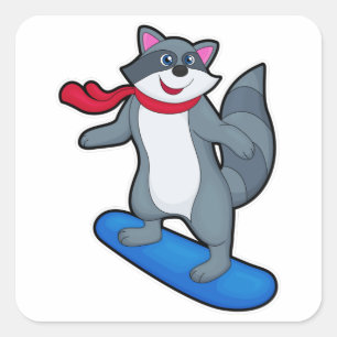 Racoon as Snowboarder with Snowboard & Scarf Square Sticker