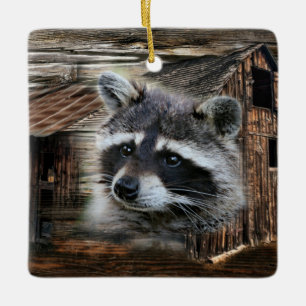 Racoon At The Old Barn Ceramic Ornament