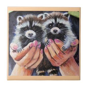 Racoon Babies in Hands Tile