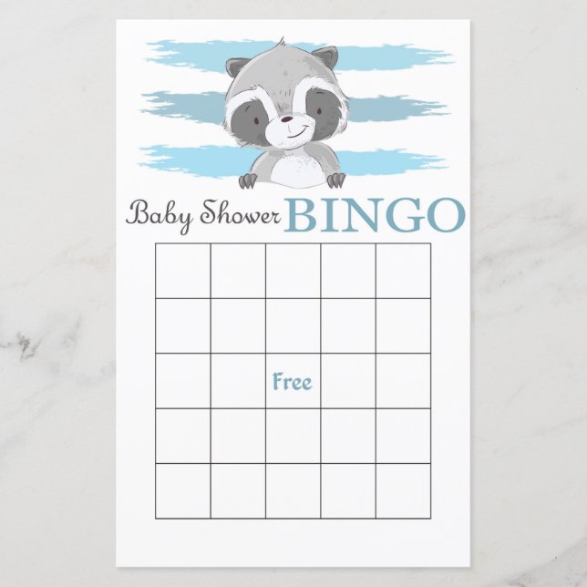 Racoon baby shower bingo card (Front)