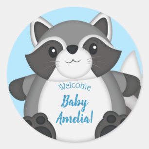 Racoon Baby Shower Blue Classic Round Sticker