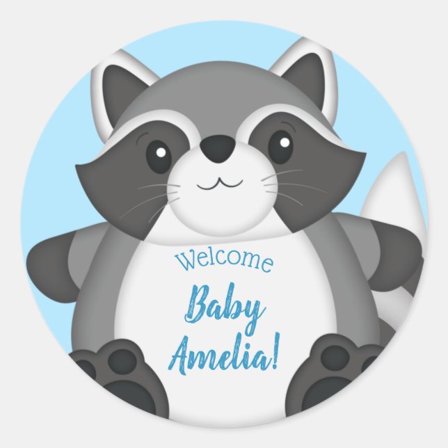 Racoon Baby Shower Blue Classic Round Sticker (Front)