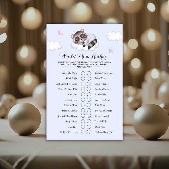 Racoon Baby Shower Game Would Mum Rather (Gentle Raccoon Baby Shower Game Would Mom Rather)