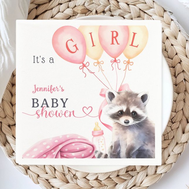 Racoon Baby Shower Girl Pink Cute Paper Napkin (Creator Uploaded)