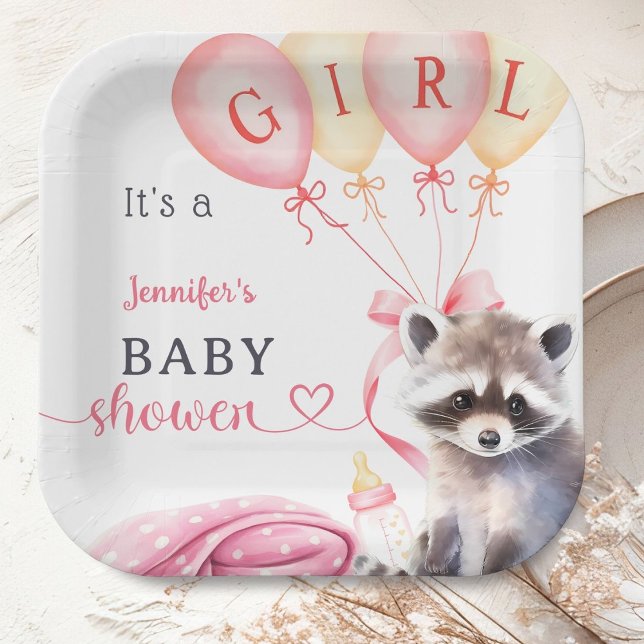 Racoon Baby Shower Girl Pink Cute Paper Paper Plate (Creator Uploaded)