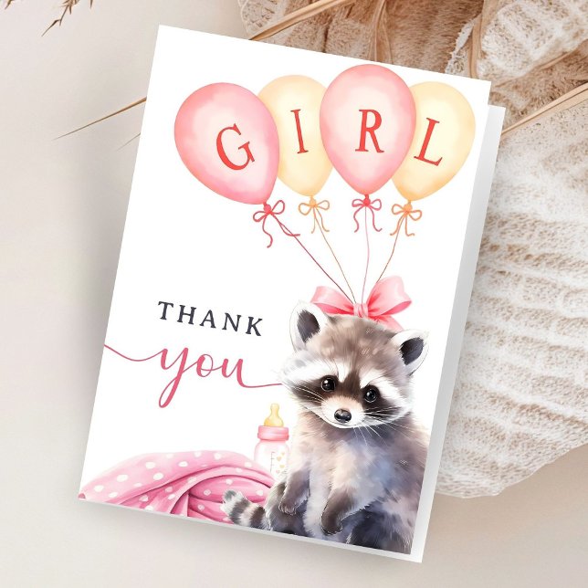 Racoon Baby Shower Girl Pink Folded Thank You Card (Creator Uploaded)