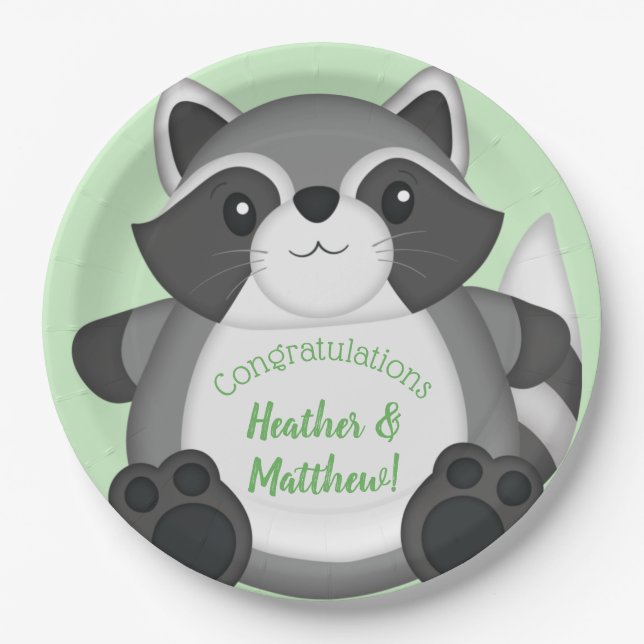 Racoon Baby Shower Green Paper Plate (Front)