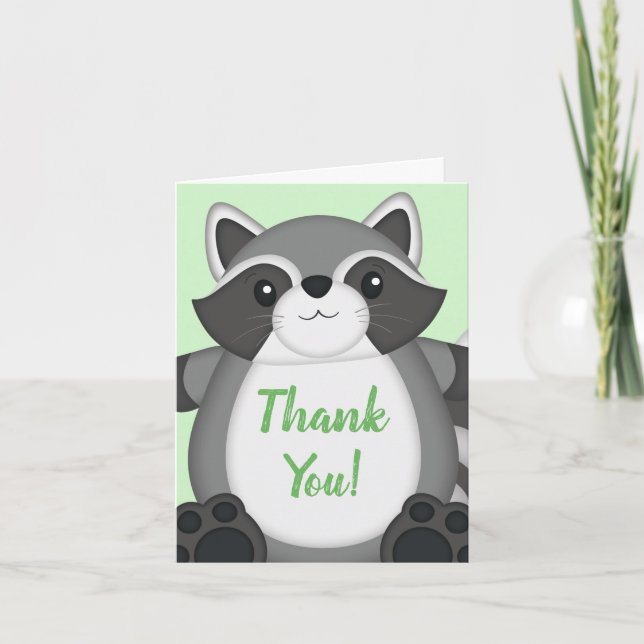 Racoon Baby Shower Green Thank You Card (Front)