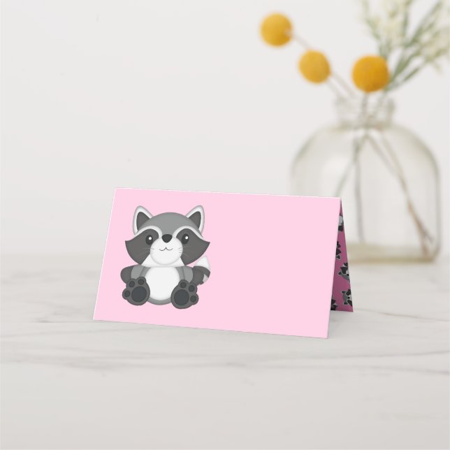 Racoon Baby Shower Pink Place Card (Front)
