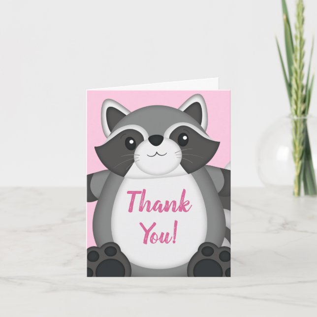 Racoon Baby Shower Pink Thank You Card (Front)