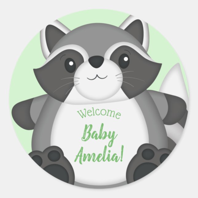 Racoon Baby Shower Woodland Classic Round Sticker (Front)