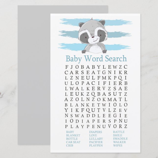 Racoon Baby Shower Word Search Game (Front/Back)
