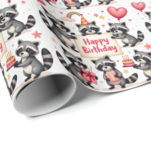 Racoon Birthday Celebration Scene - Birthday Wrapping Paper