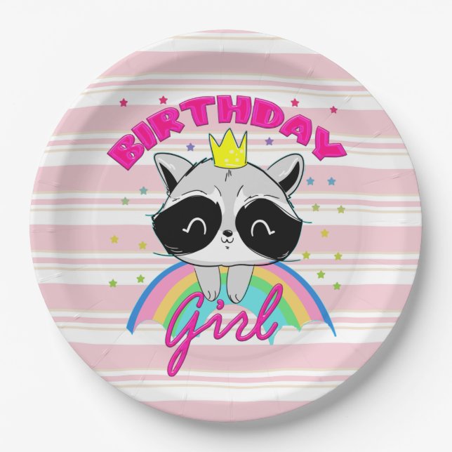 Racoon Birthday Girl Animal Party Racoon Lovers  Paper Plate (Front)