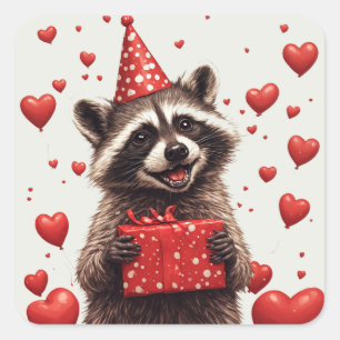 🎂 Racoon Birthday Party With Balloons Square Sticker