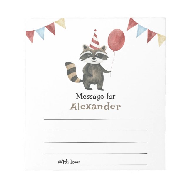 Racoon birthday time capsule message notepad (Front)