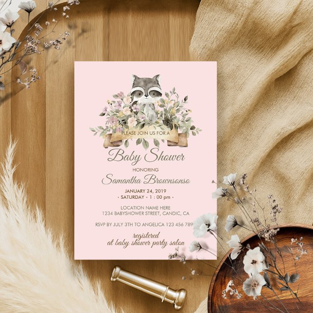 Racoon Botanical Pink Baby Shower Invitation (Creator Uploaded)