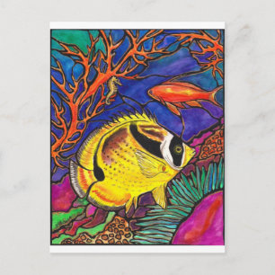 Racoon Butterflyfish and Seahorse Art Postcard
