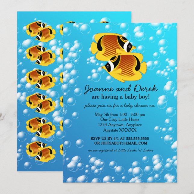 Racoon Butterflyfish in Bubbly Water Baby Shower Invitation (Front/Back)