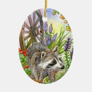 Racoon By Flower Garden Ceramic Tree Decoration