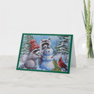 Racoon, Cardinal, Snowman Blank Greeting Card