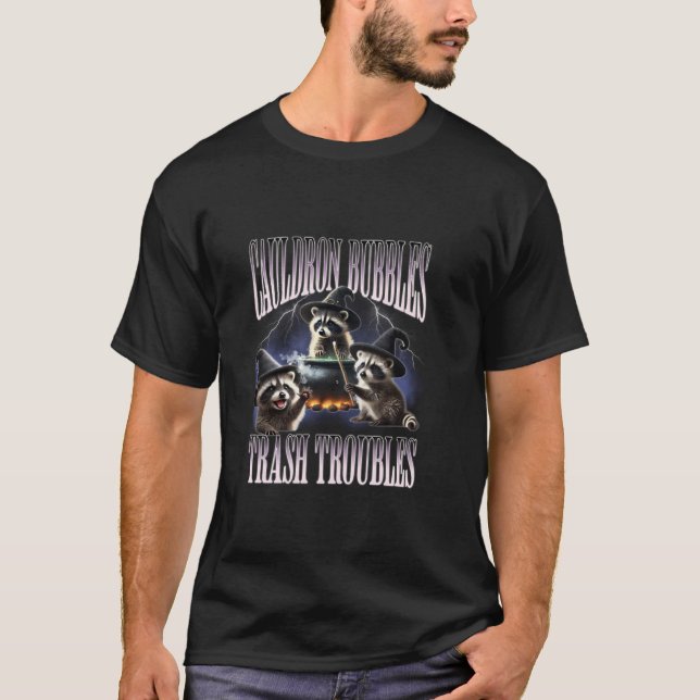 Racoon Cauldron Bubbles Trash Troubles 90s Retro  T-Shirt (Front)