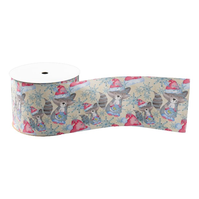 Racoon Christmas Pattern Grosgrain Ribbon (Spool)