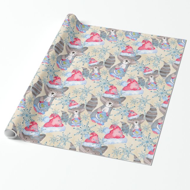 Racoon Christmas pattern Wrapping Paper (Unrolled)