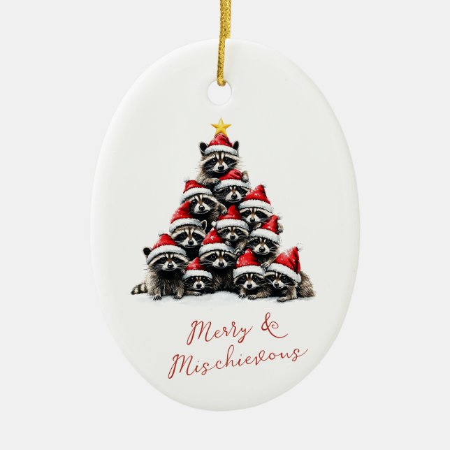 Racoon Christmas Tree Cute Personalised Name Ceramic Tree Decoration (Front)