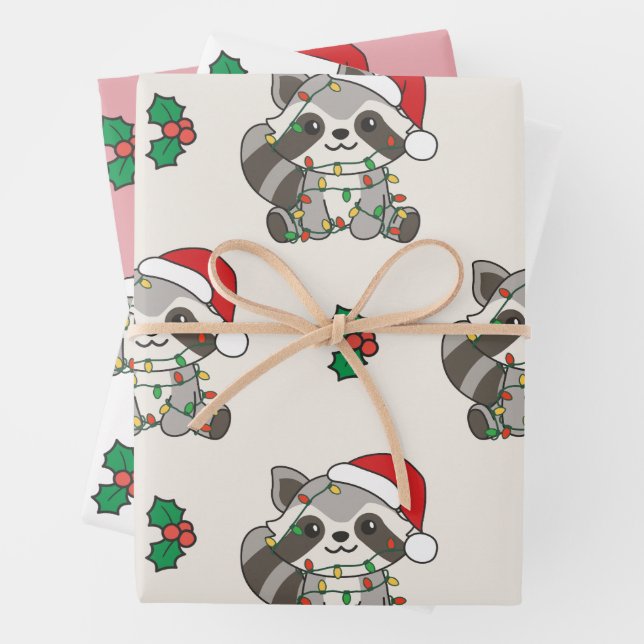 Racoon Christmas Winter Animals Holiday Raccoons Wrapping Paper Sheet (In situ)