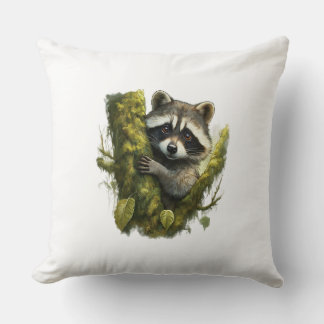 racoon climbing up a tree in a forest. cushion